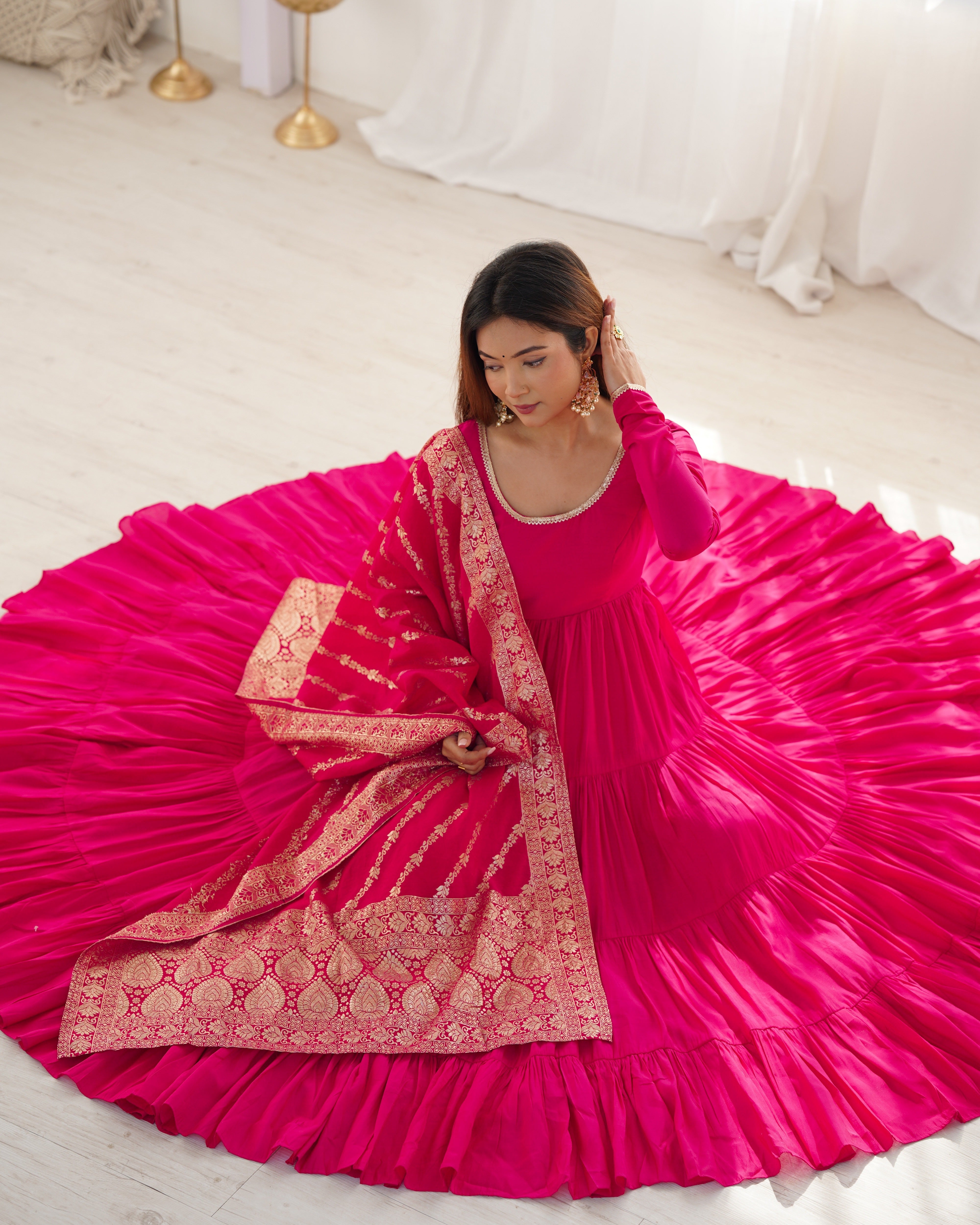 Rani Pink Pure Roman Silk Chanderi Anarkali Suit with Ruffle Flair & Banarasi Dupatta – Festive Wear