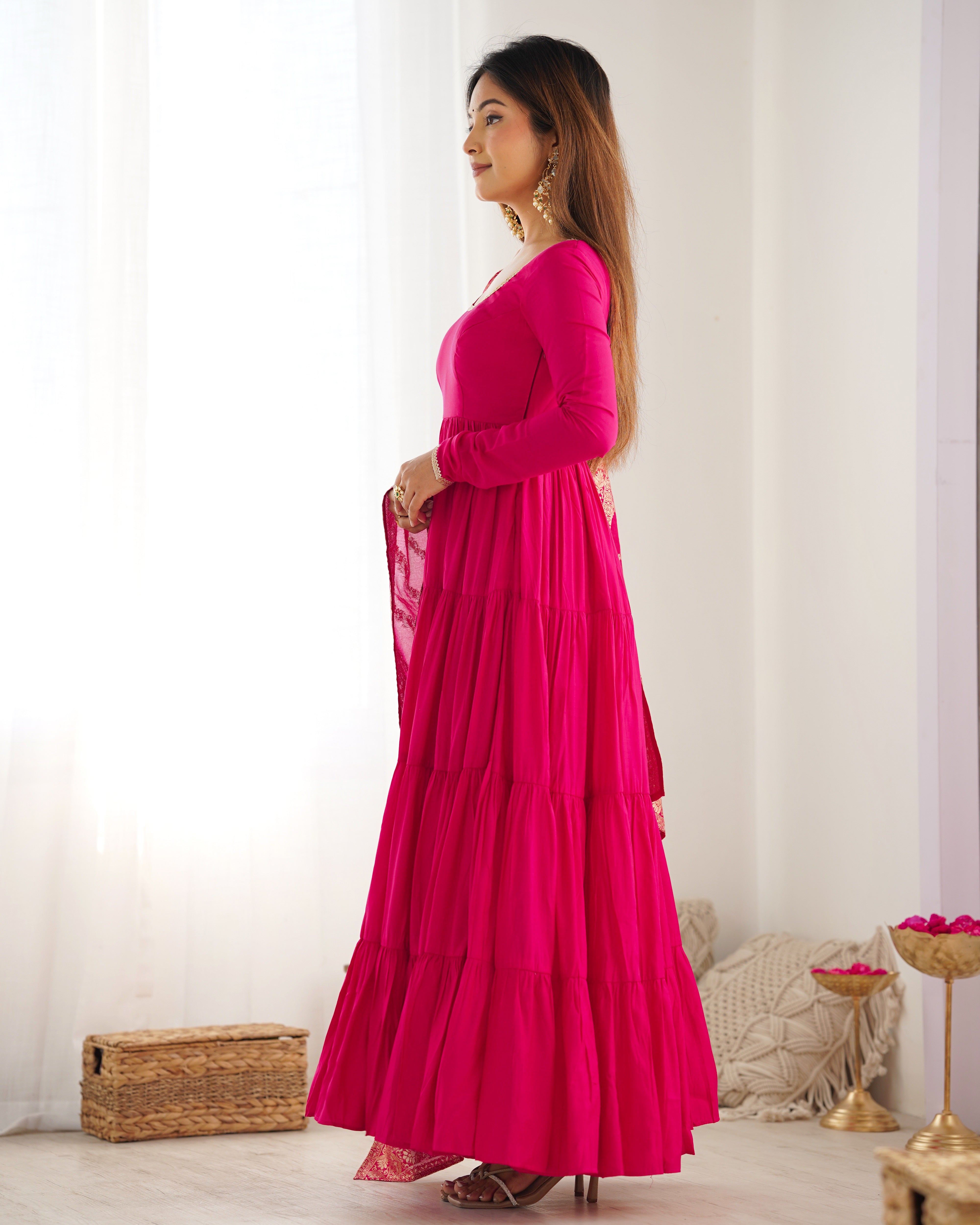 Rani Pink Pure Roman Silk Chanderi Anarkali Suit with Ruffle Flair & Banarasi Dupatta – Festive Wear