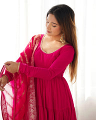 Rani Pink Pure Roman Silk Chanderi Anarkali Suit with Ruffle Flair & Banarasi Dupatta – Festive Wear