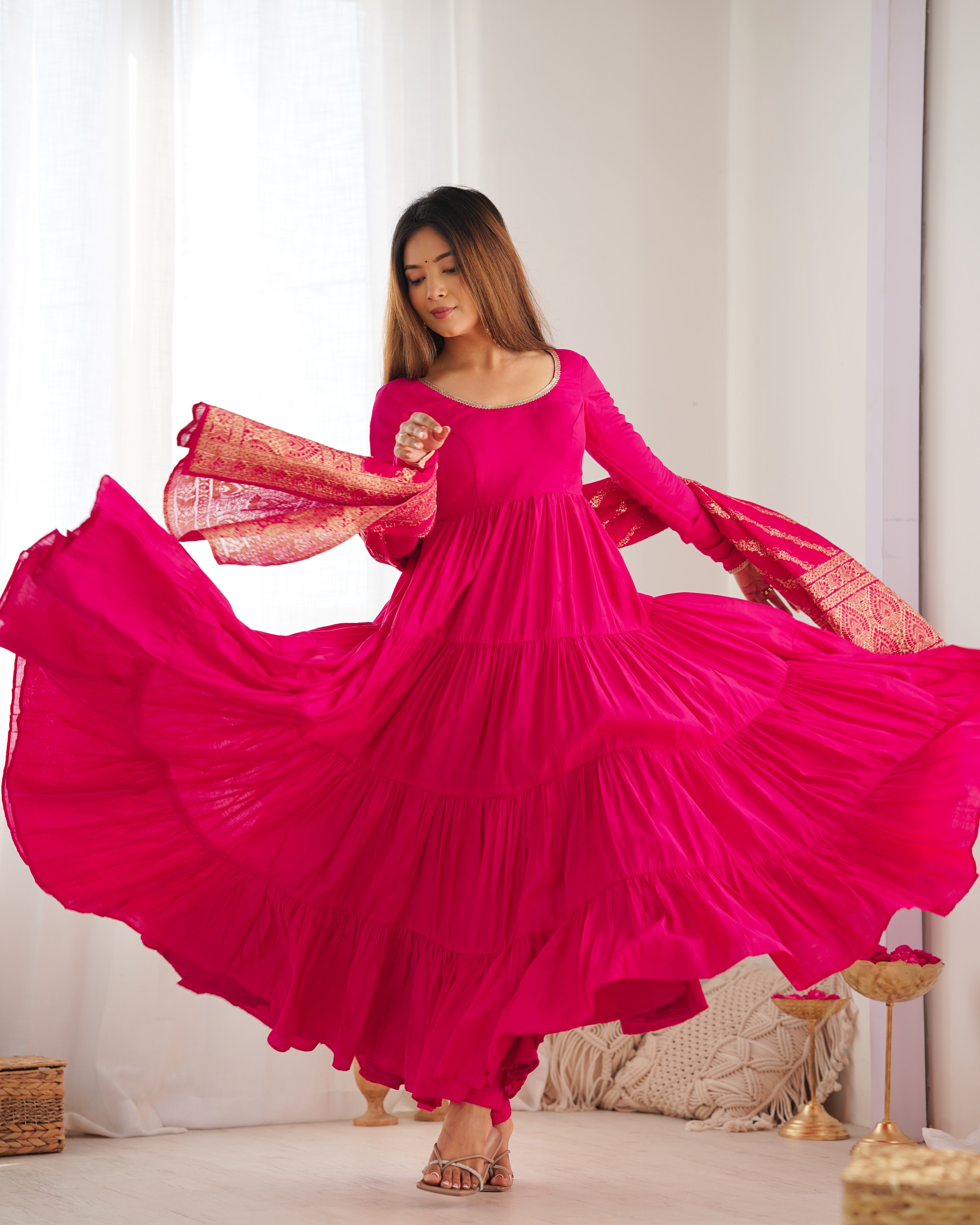 Rani Pink Pure Roman Silk Chanderi Anarkali Suit with Ruffle Flair & Banarasi Dupatta – Festive Wear