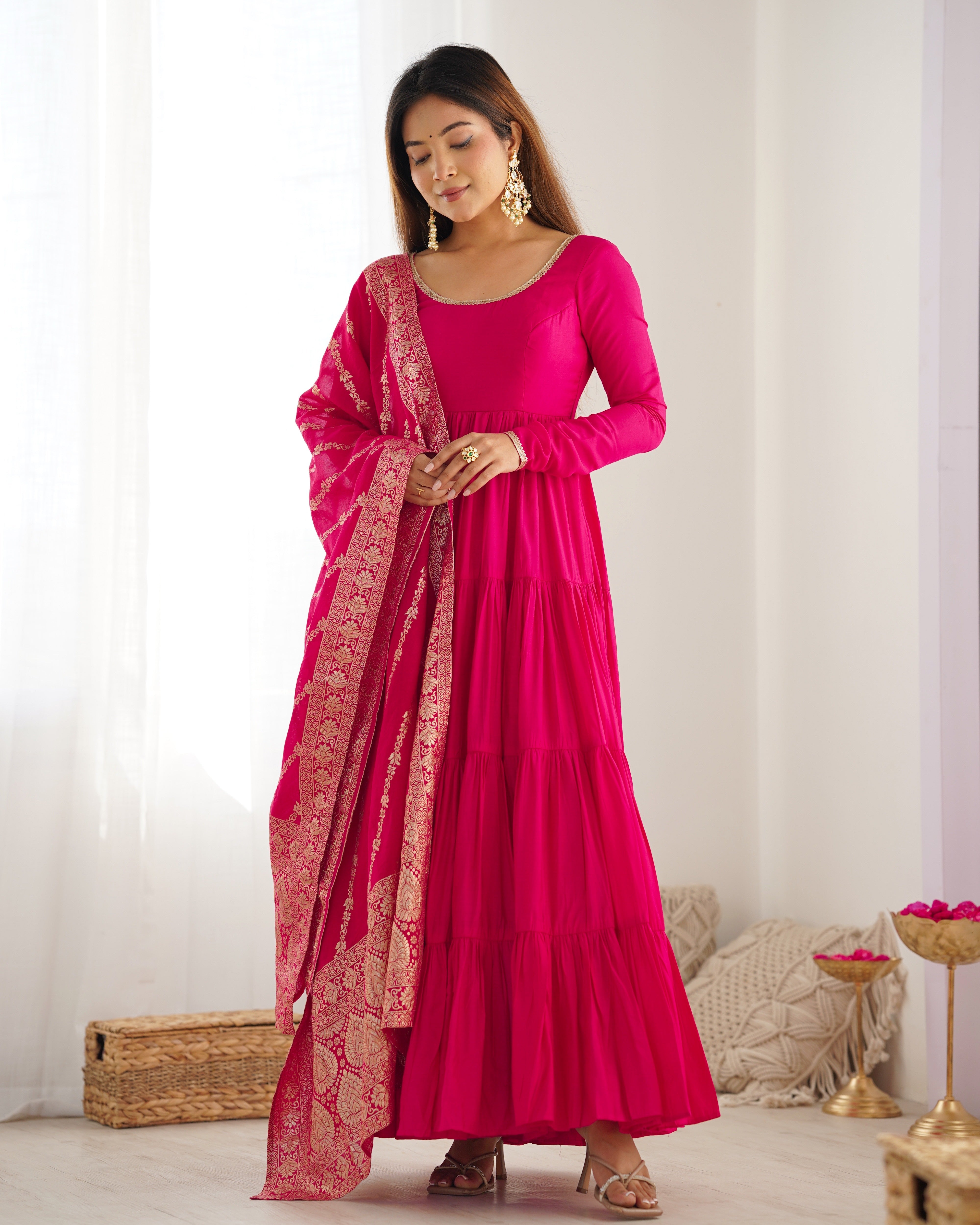 Rani Pink Pure Roman Silk Chanderi Anarkali Suit with Ruffle Flair & Banarasi Dupatta – Festive Wear