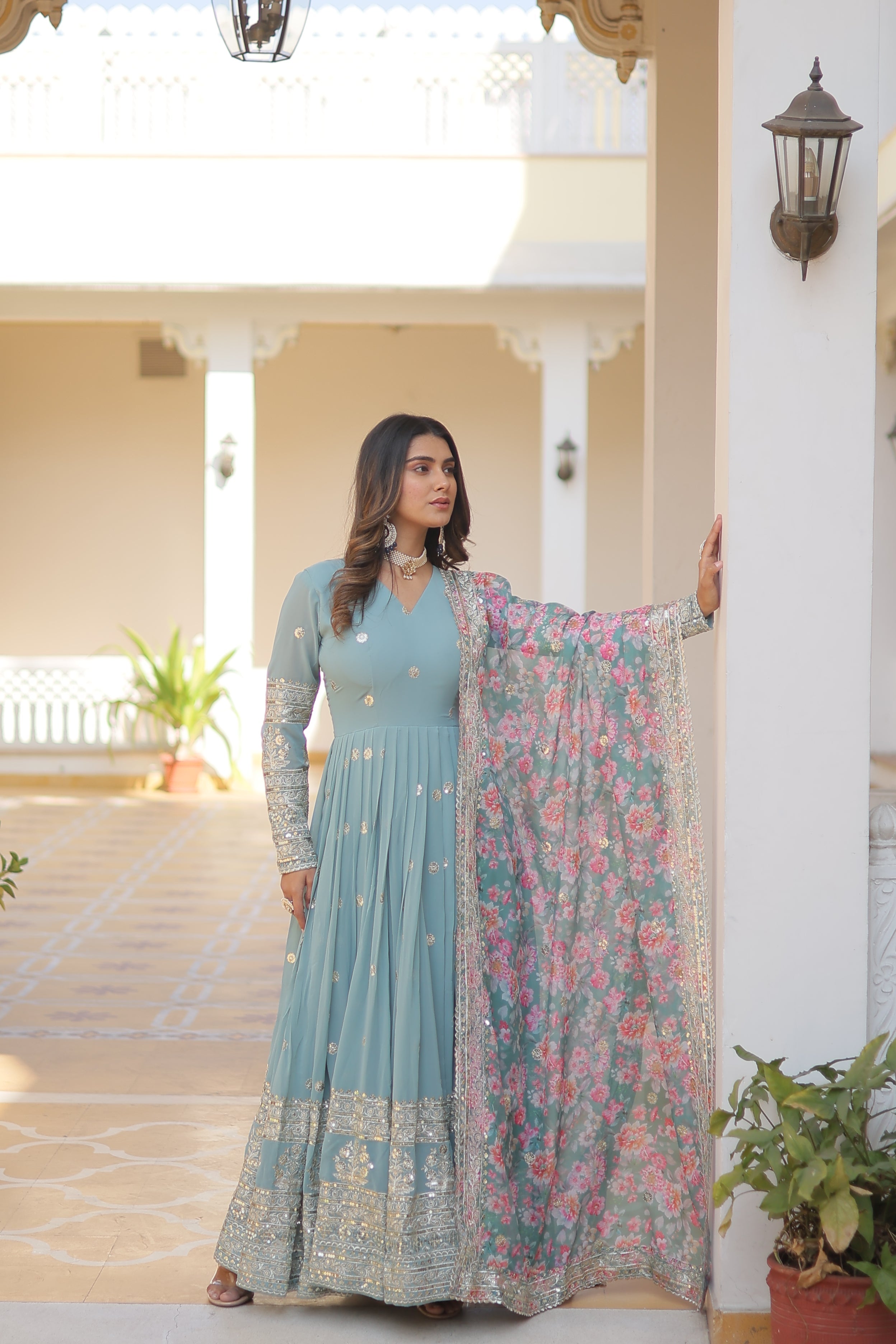 Embroidered Faux Georgette Gown with Dupatta | Secret Pleasure