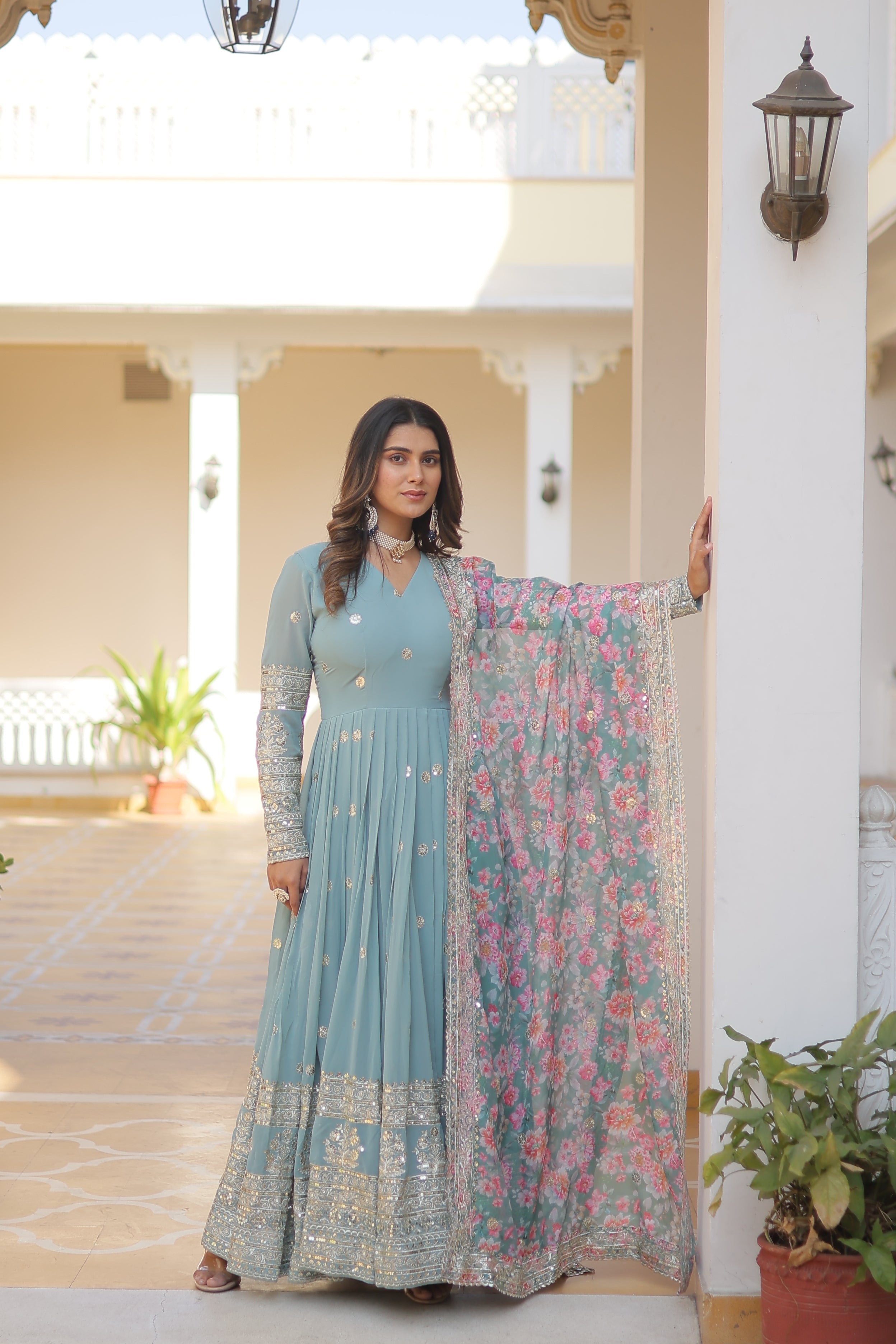 Embroidered Faux Georgette Gown with Dupatta | Secret Pleasure