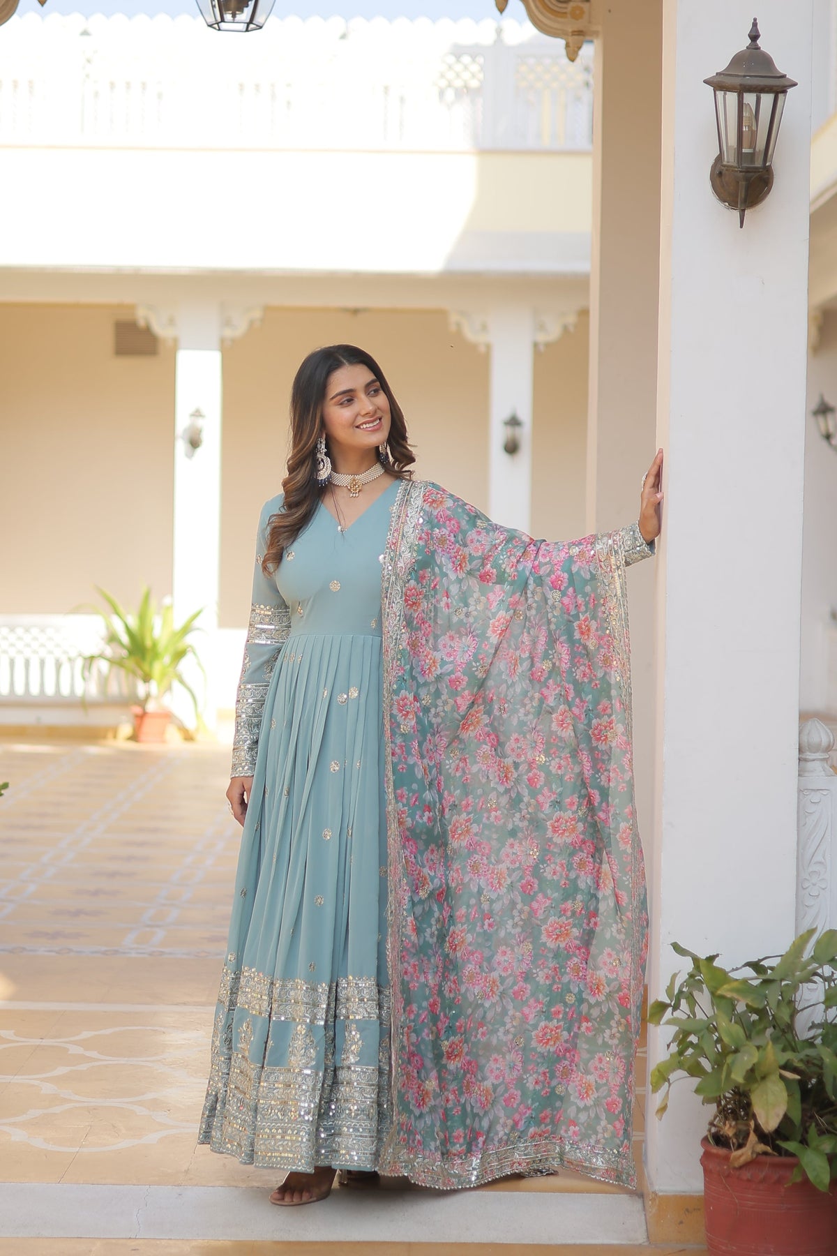 Embroidered Faux Georgette Gown with Dupatta | Secret Pleasure