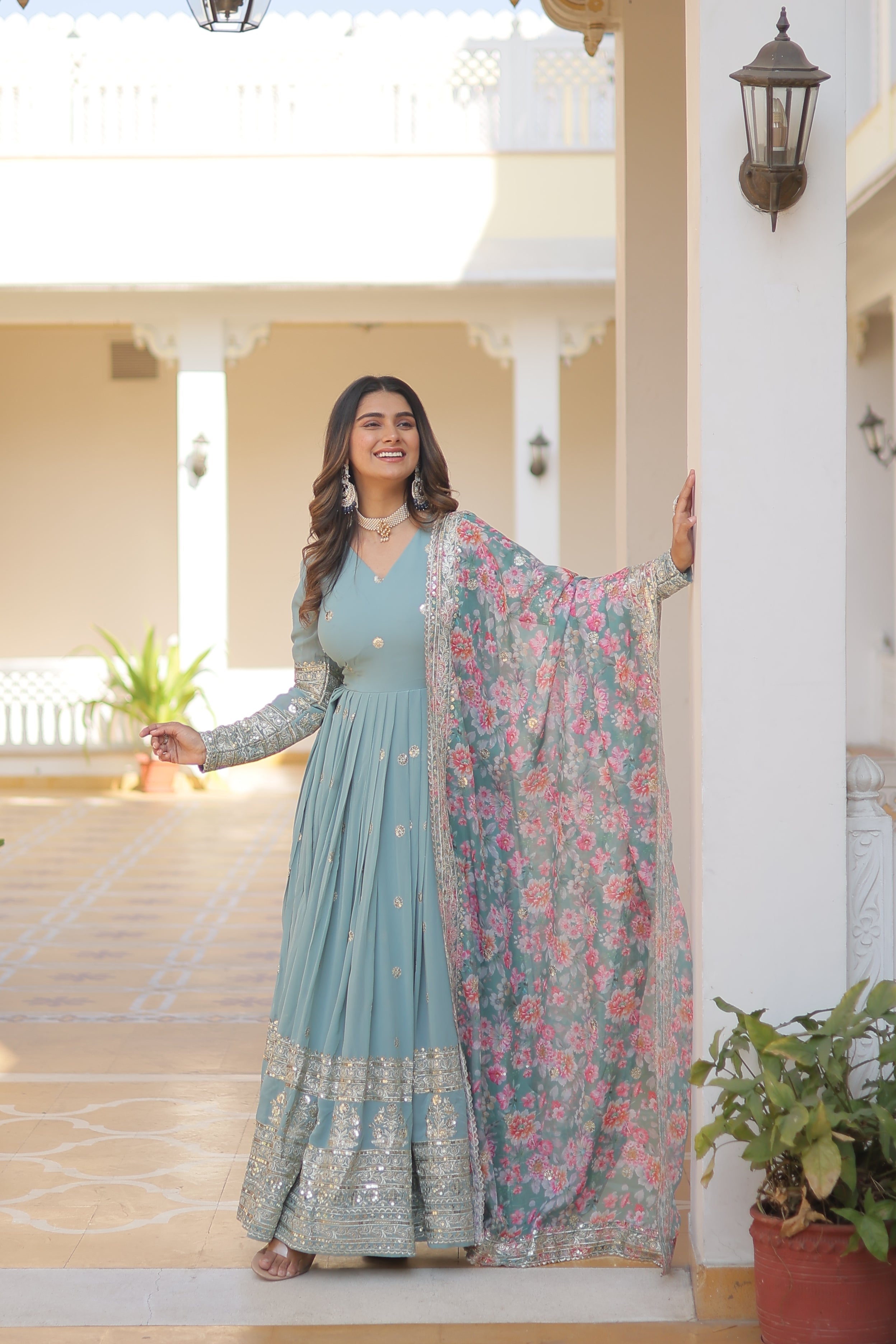 Embroidered Faux Georgette Gown with Dupatta | Secret Pleasure