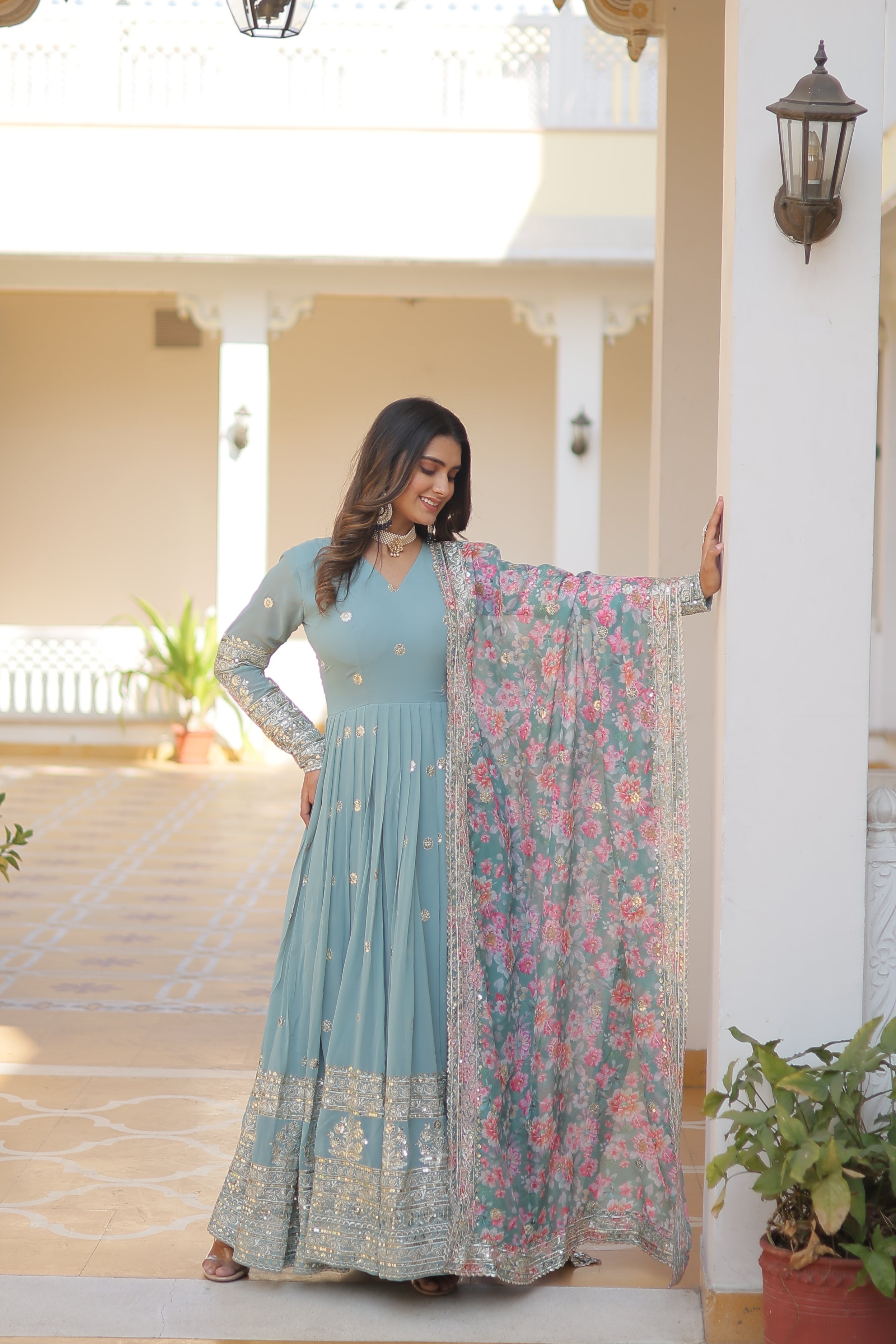 Embroidered Faux Georgette Gown with Dupatta | Secret Pleasure
