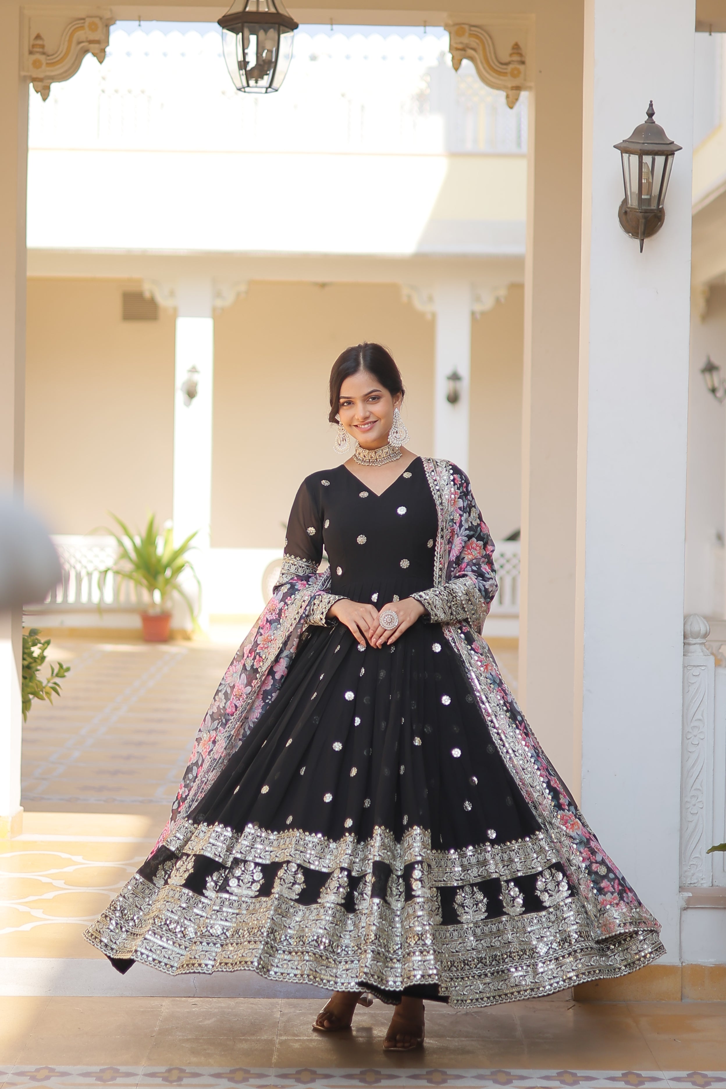 Elegant Faux Georgette Embroidered Gown with Dupatta | Secret Pleasure
