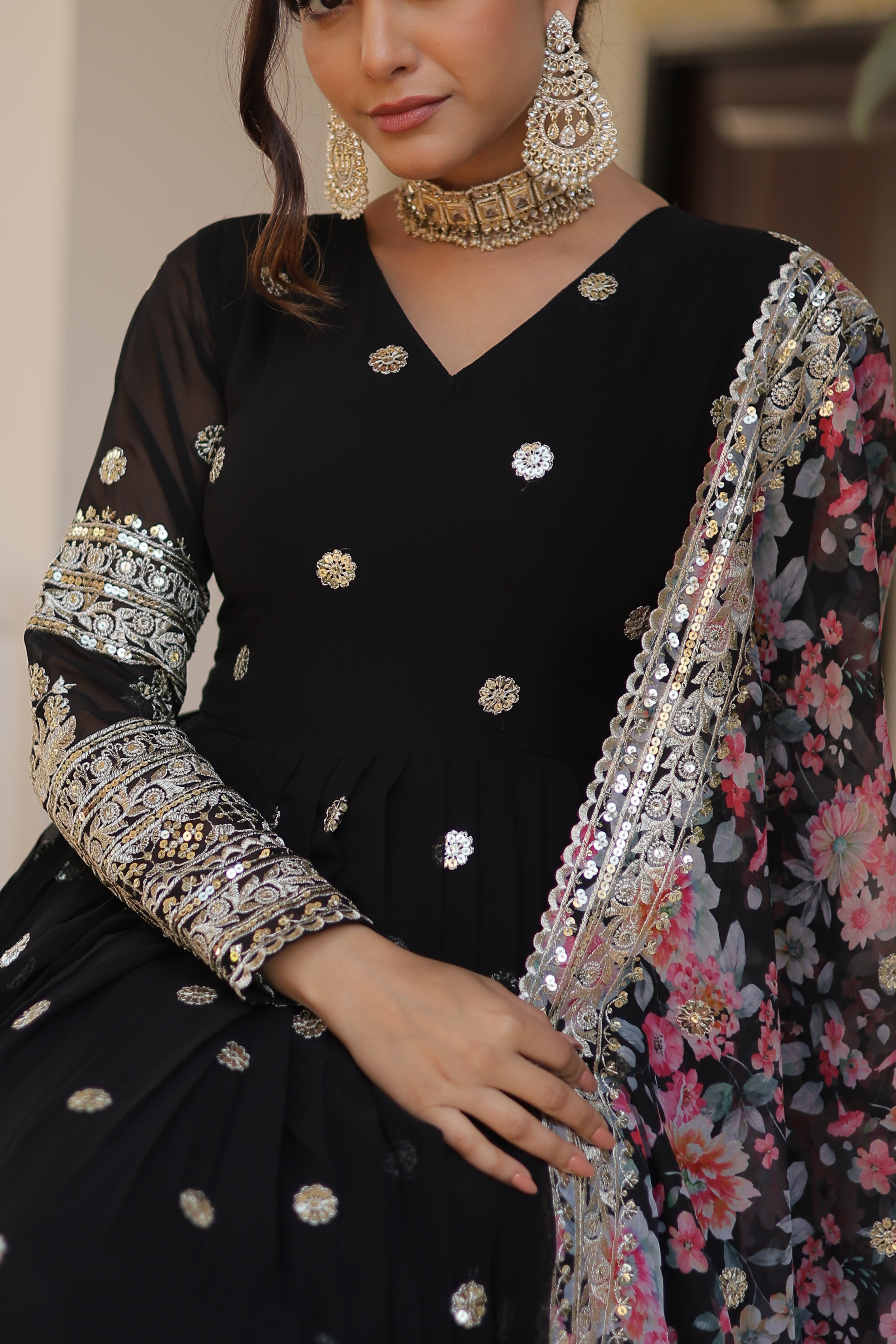 Elegant Faux Georgette Embroidered Gown with Dupatta | Secret Pleasure