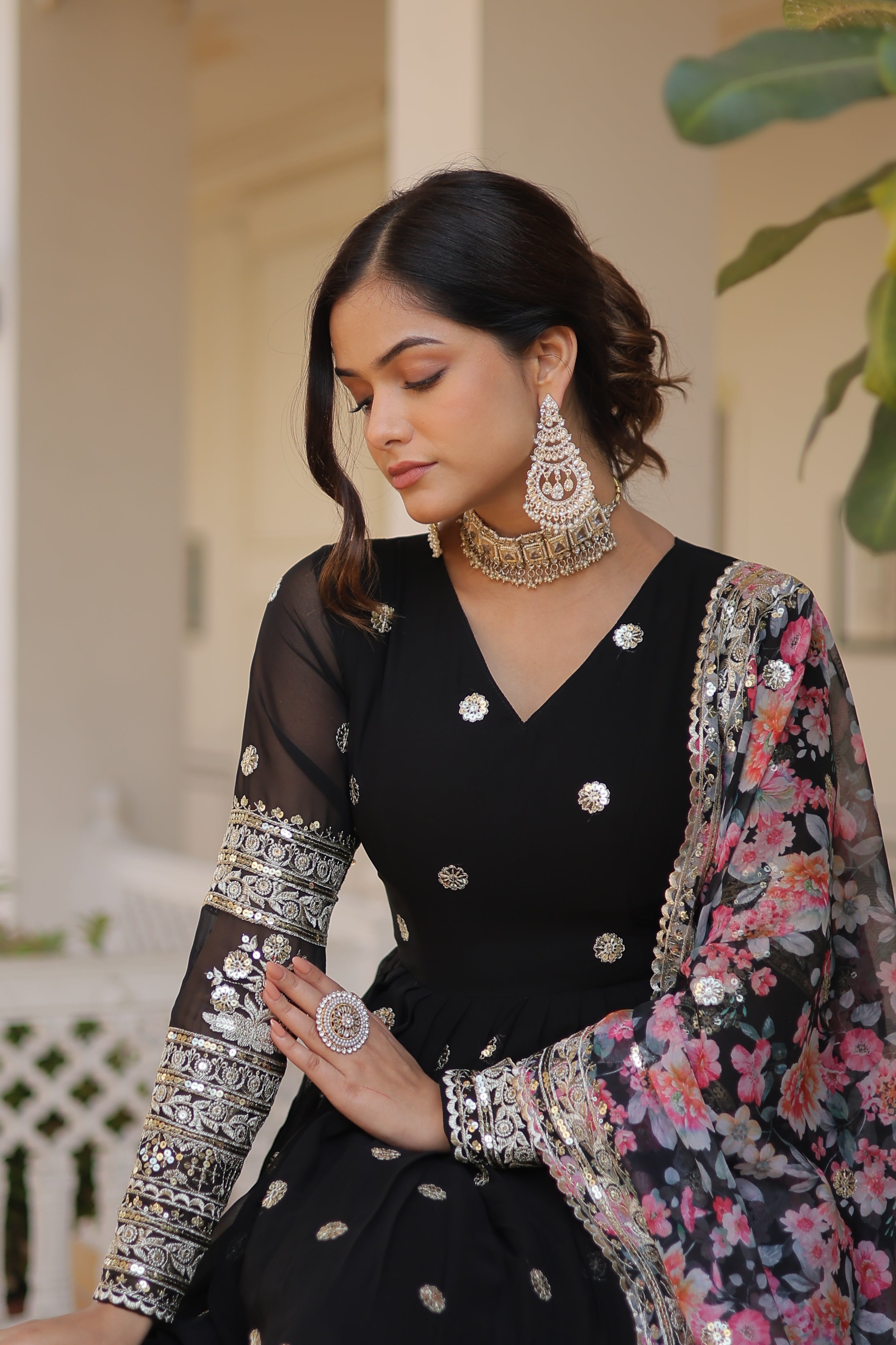 Elegant Faux Georgette Embroidered Gown with Dupatta | Secret Pleasure