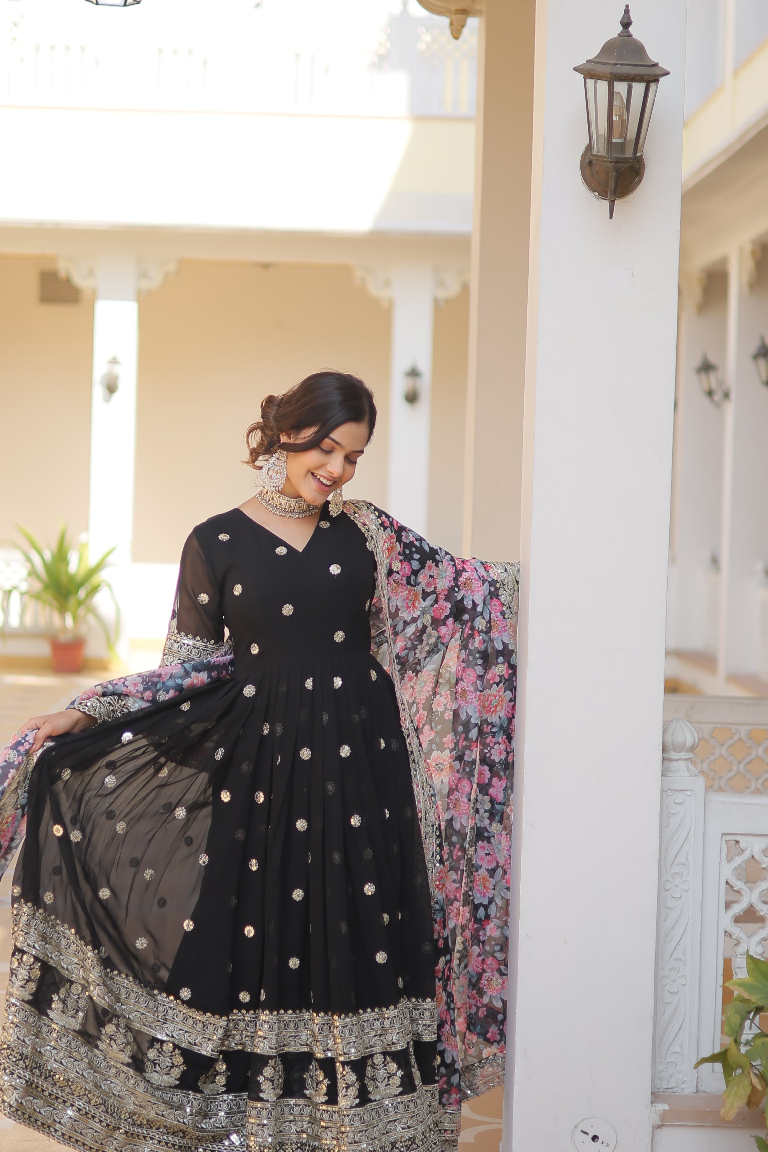 Elegant Faux Georgette Embroidered Gown with Dupatta | Secret Pleasure