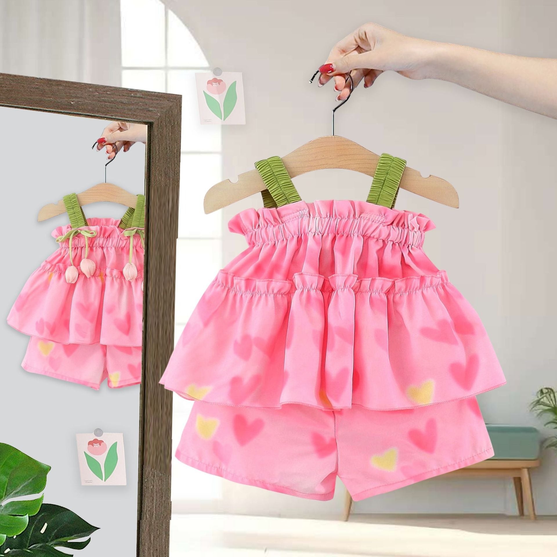 Hanging Tulip Girls Two-Piece Set – Cotton Blend Top and Bottom Outfit