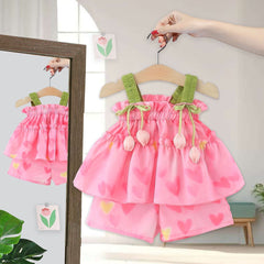 Hanging Tulip Girls Two-Piece Set – Cotton Blend Top and Bottom Outfit
