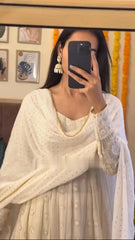 Faux Georgette Embroidered Kurta Set with Micro Cotton Pants & Dupatta